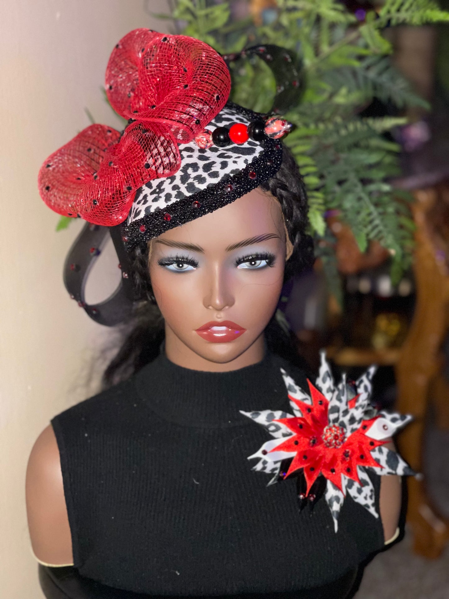Luxurious Animal Print Fascinator Hat and Brooch Pin