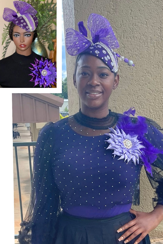 Purple and Lavender Fascinator Hat and Brooch Pin Set