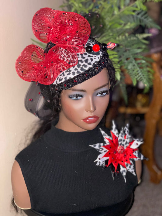 Luxurious Animal Print Fascinator Hat and Brooch Pin
