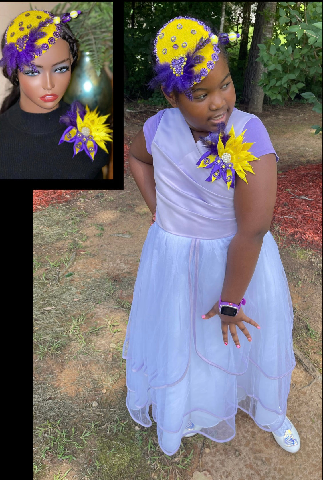 Yellow and Purple Fascinator Hat with Matching Brooch